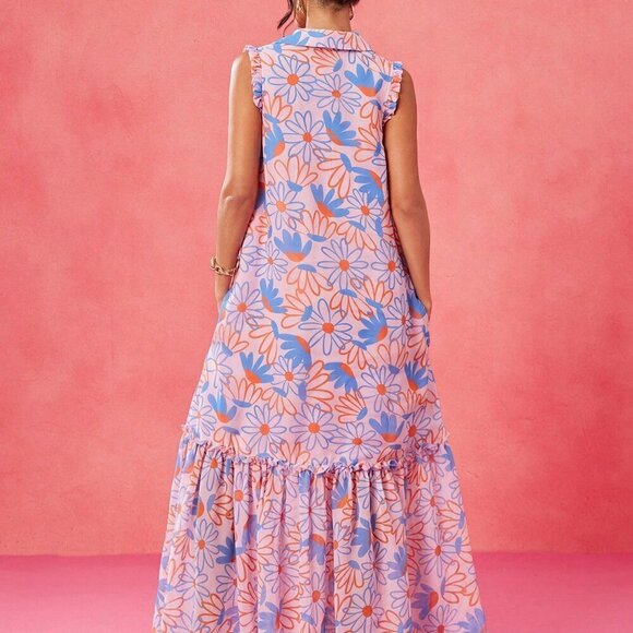 Multicolor Boho Women's Chiffon Floral Print Ruffle Hem Sleeveless Sun Dress - Picture 5 of 8